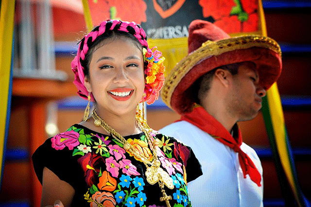 Sones y jarabes dancers in traditional Istmo region costume performing at Guelaguetza del Tule festival from Juchitan de Zaragoza