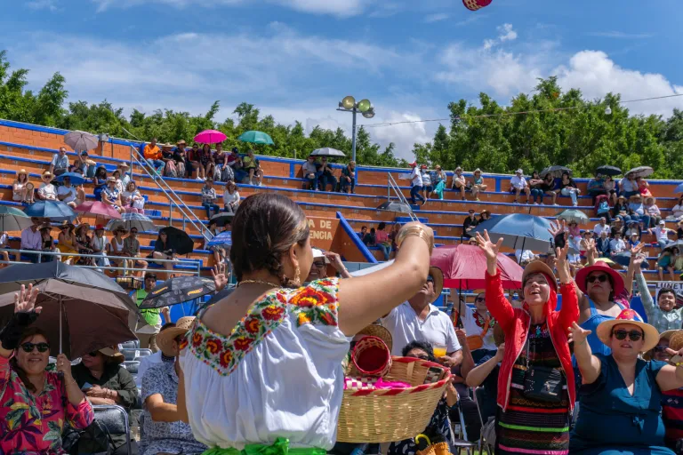 Hero main image of Guelaguetza del Tule festival in Santa María del Tule, Oaxaca, showing a vibrant scene of dancers in traditional costumes performing on stage with a lively audience